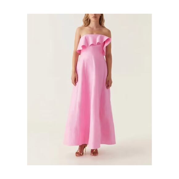 Aje Shallows Strapless Linen Blend Ruffle Maxi Dress Gown Bon Bon Pink 6 - Picture 1 of 16